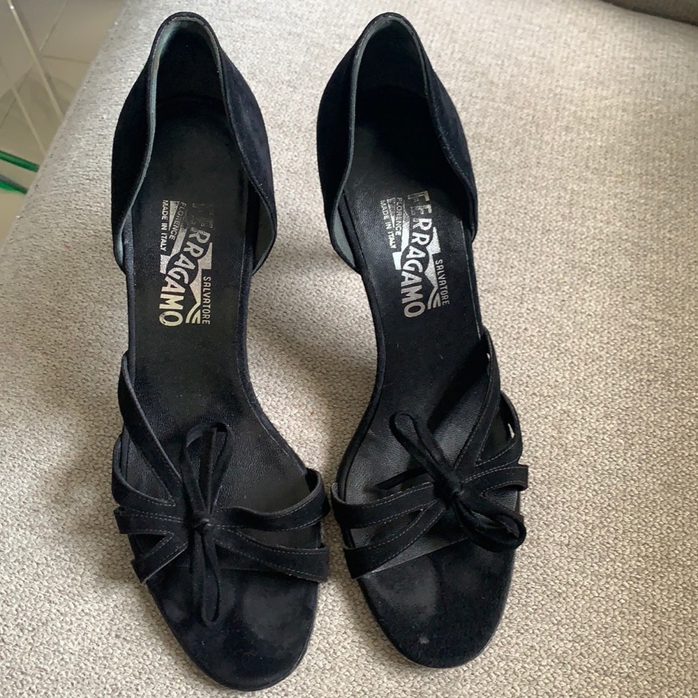 Ferragamo 3 1/2 inch healed black suede sandals
